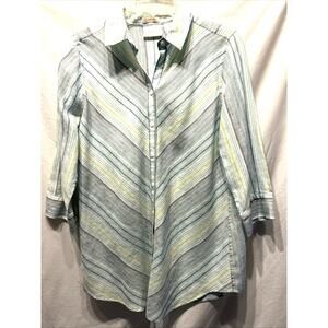 Chicos Size Small No Iron Striped Linen 3/4 Sleeve Button Up Shirt Top